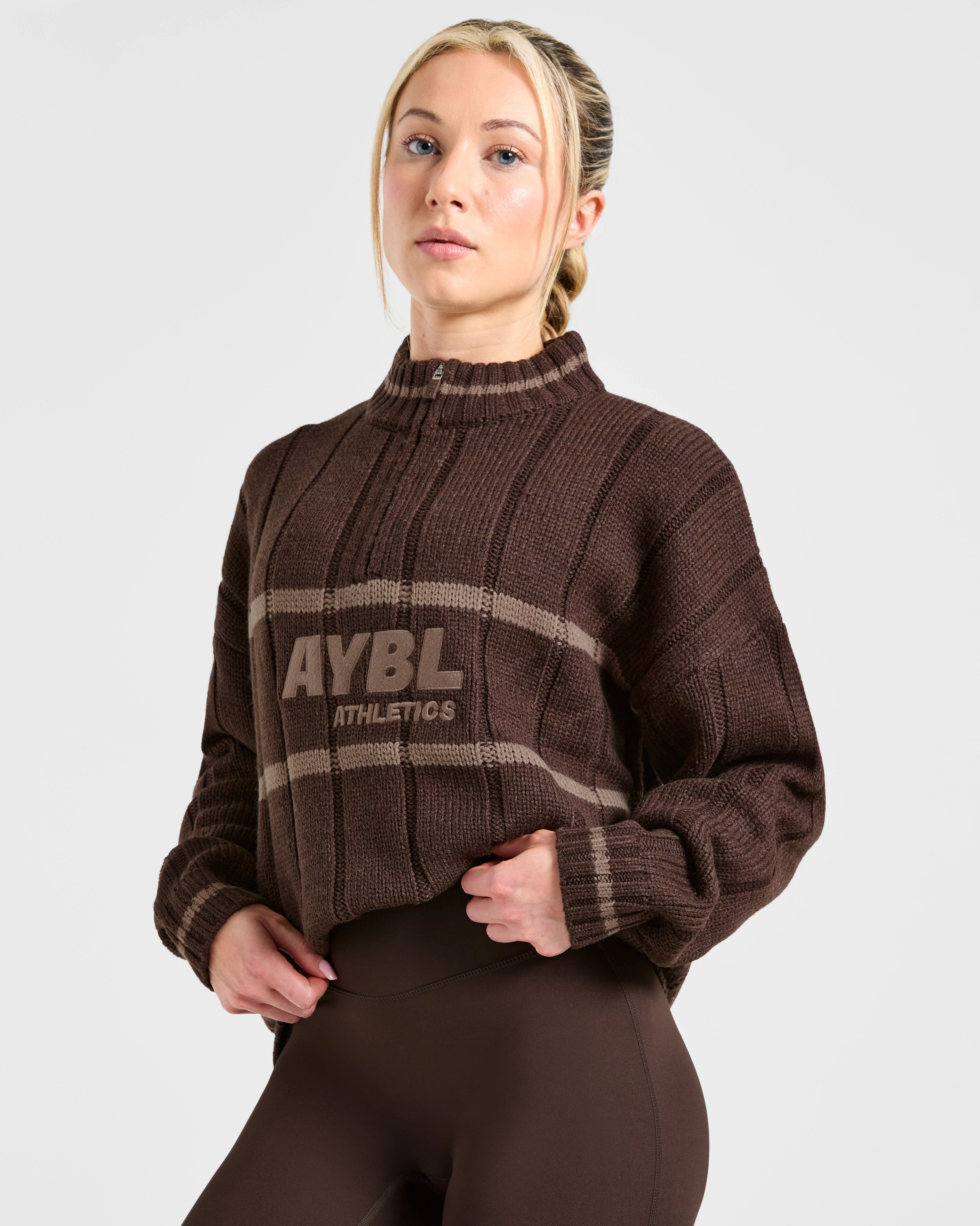 Athletics Oversized Knitted 1/4 Zip - Marron - Image 7