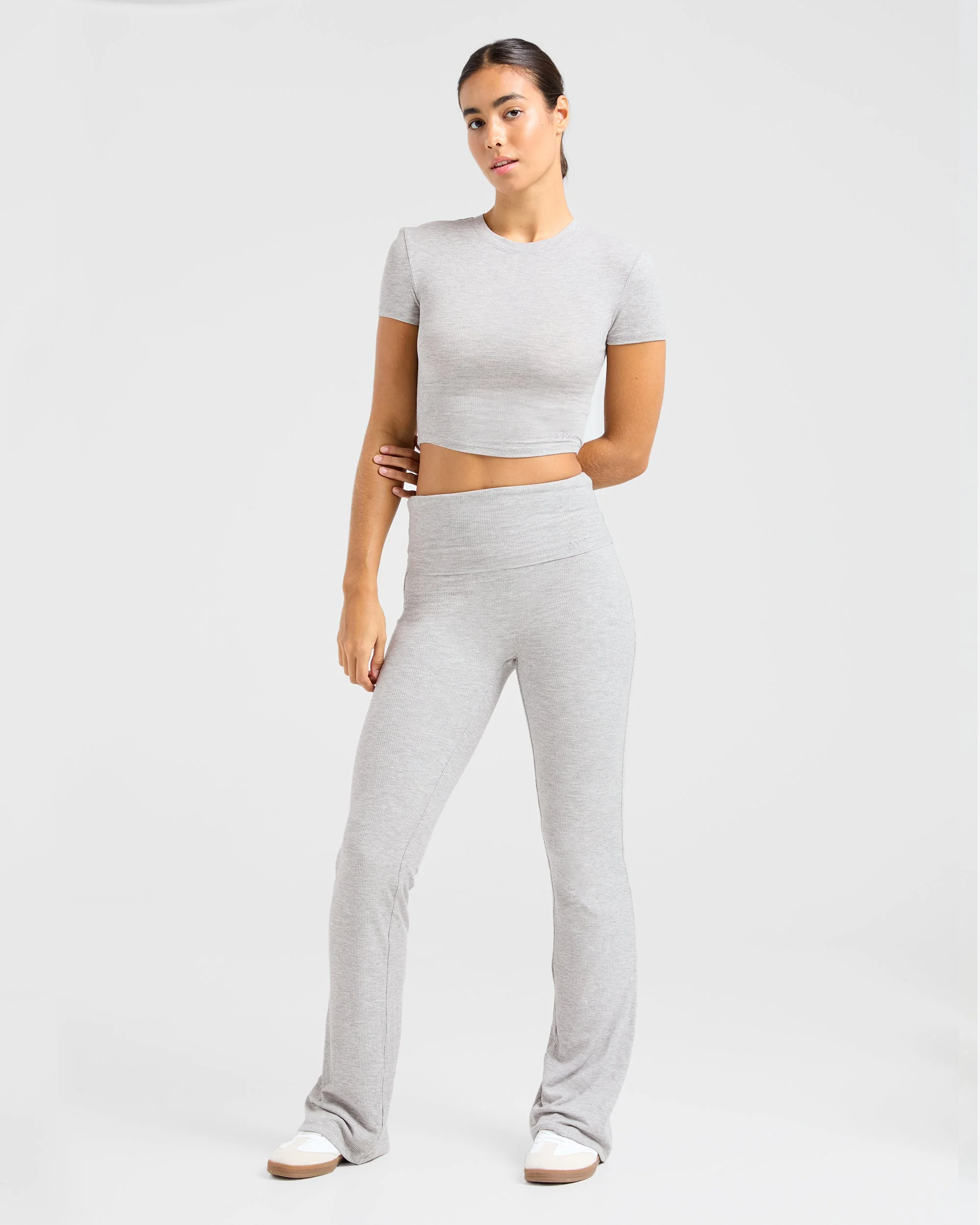 Lounge Ribbed Foldover Flared Leggings - Gris Marl - Image 8