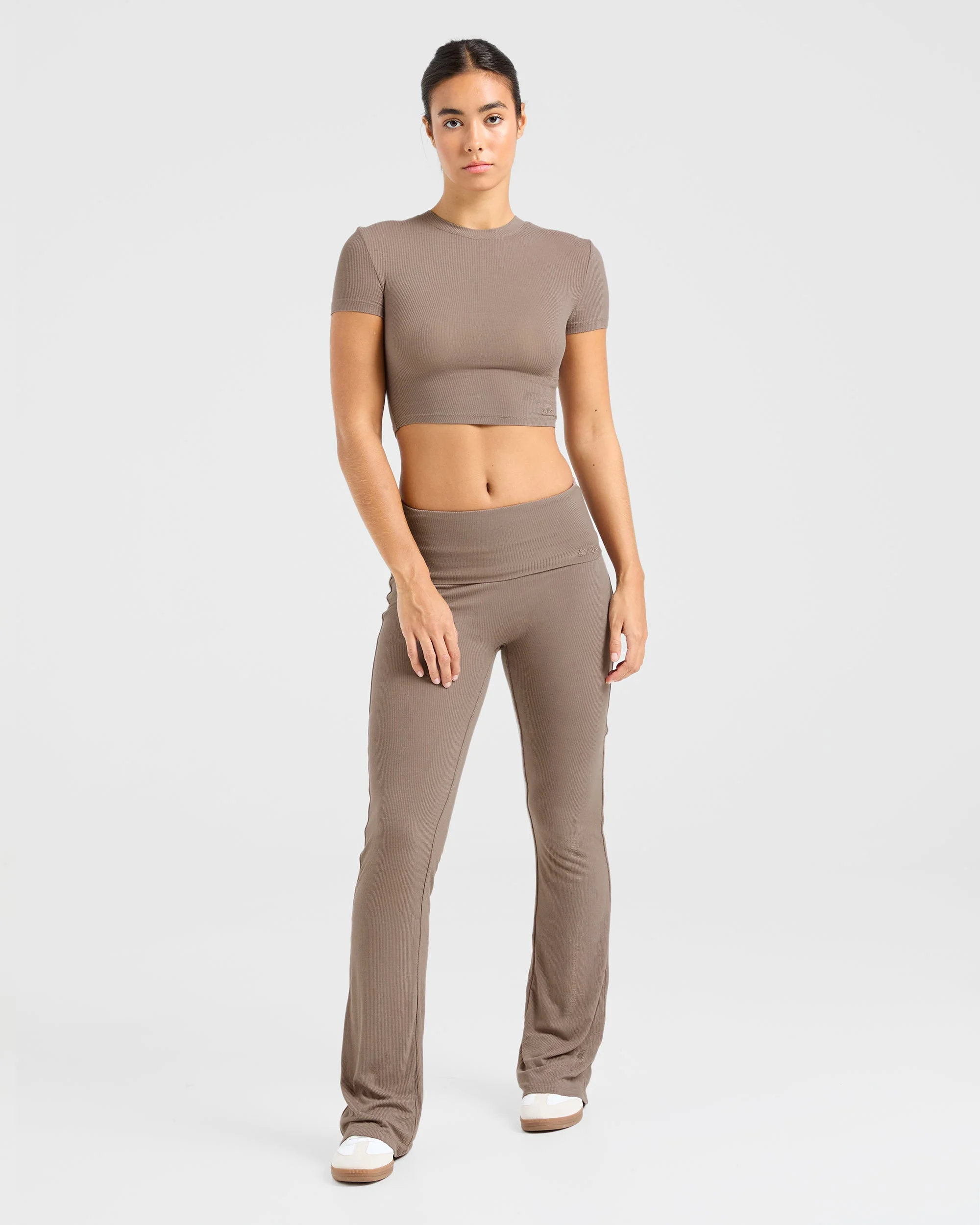 Lounge Ribbed Foldover Flared Leggings - Mocha - Image 10