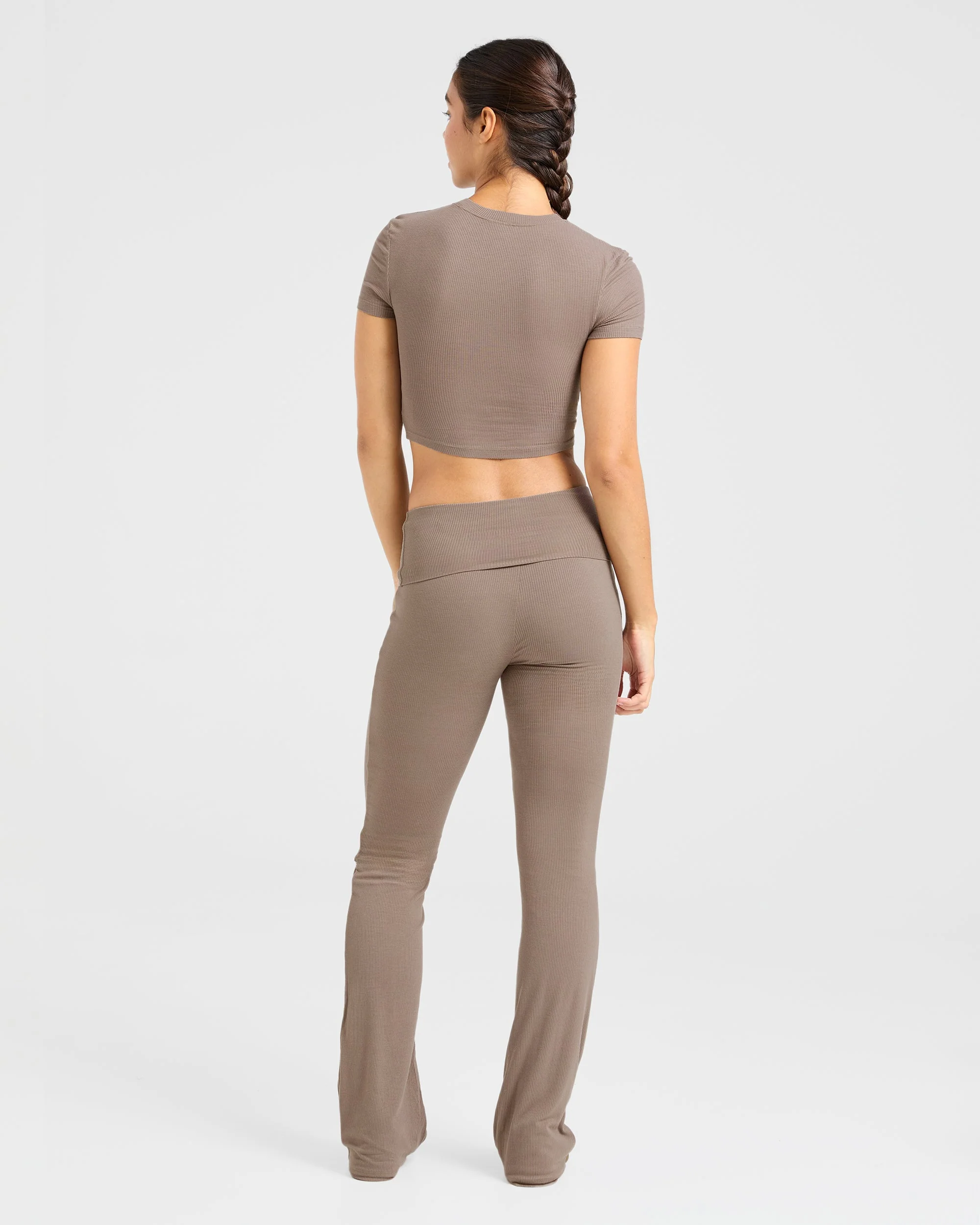 Lounge Ribbed Foldover Flared Leggings - Mocha - Image 4