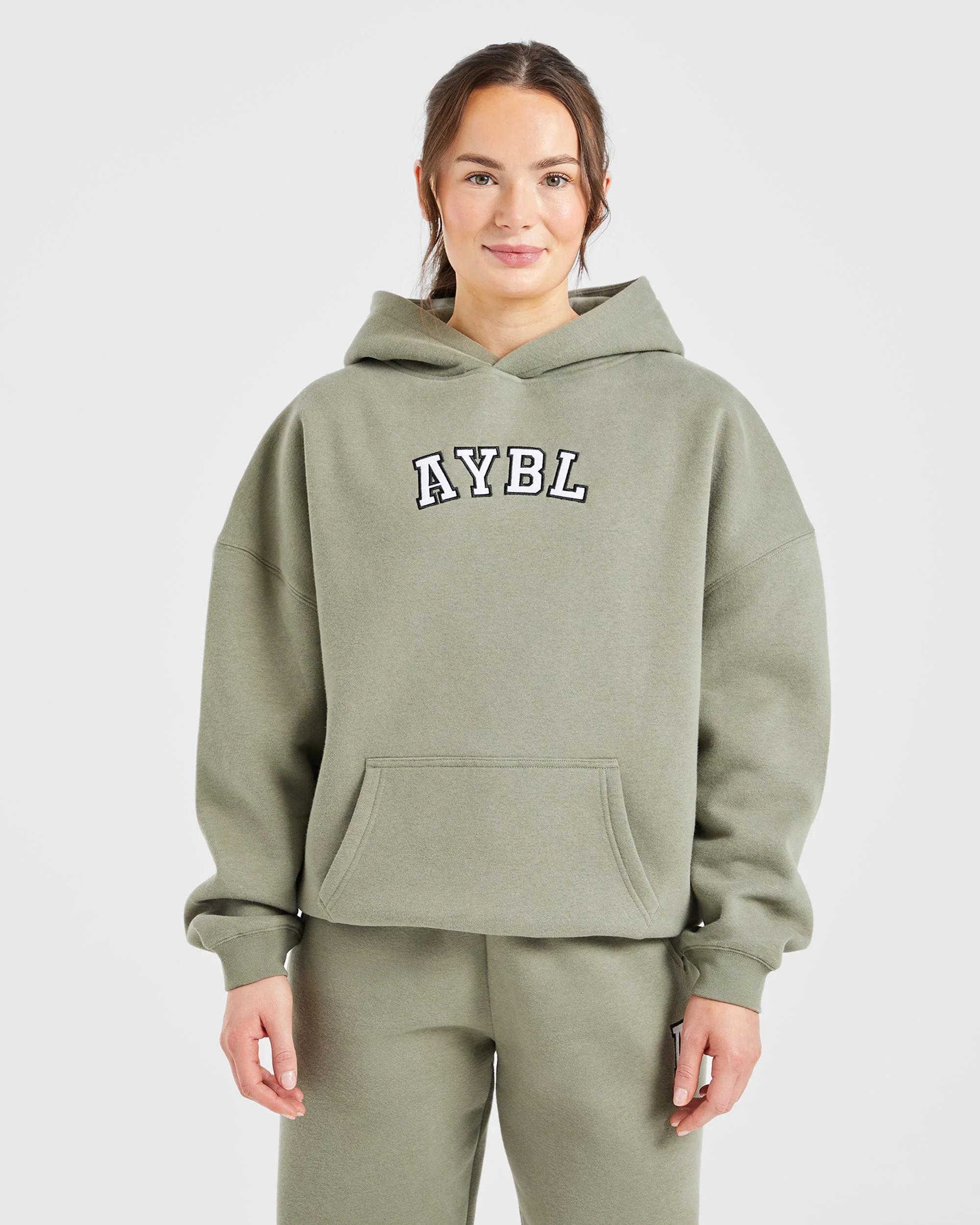 Varsity Embroidered Oversized Hoodie - Muted Olive